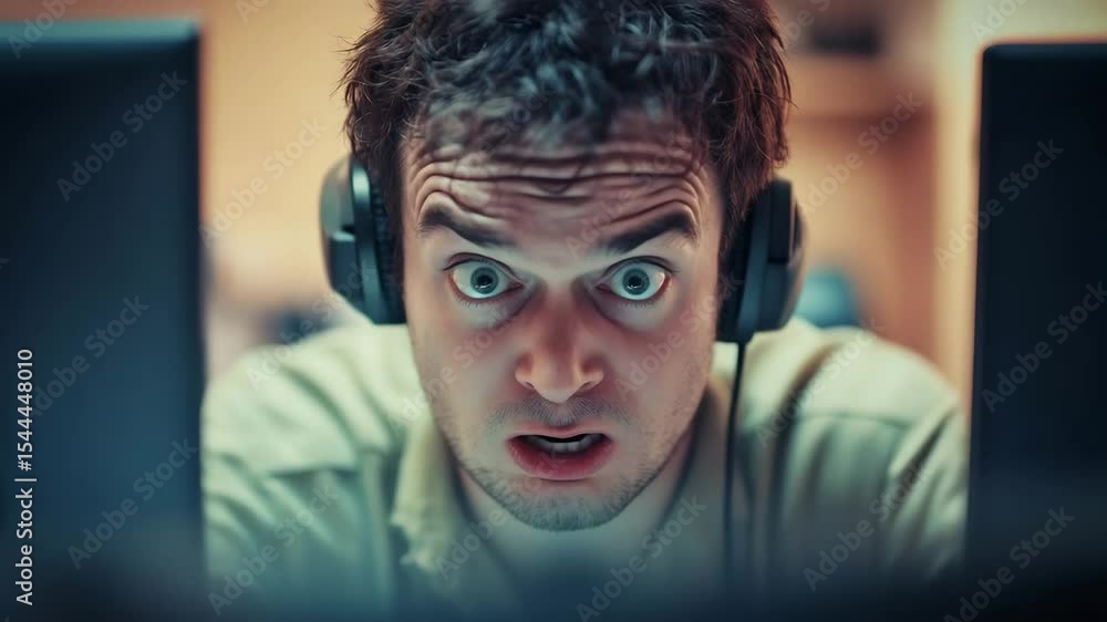Poster man with headphones shocked and focused on computer screen intense emotion angry and serious express