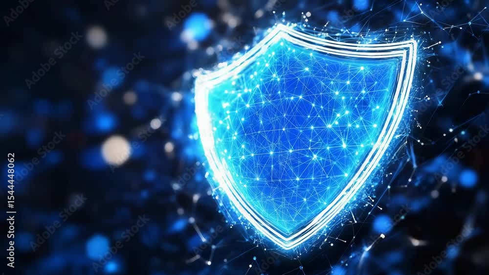 Poster digital glowing shield with network connections showcasing cybersecurity protection and data safety 