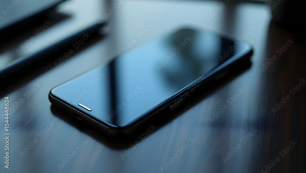Poster sleek high-end smartphone displaying a dark mode interface on a table, symbolizing modern mobile tec
