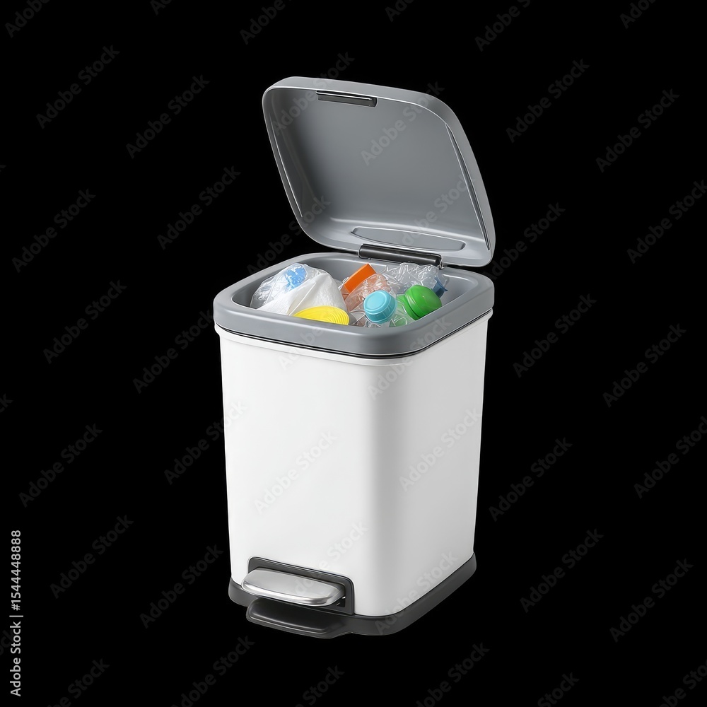 Poster small trash bin with pedal lid open, revealing various types of waste including plastic bottles and 