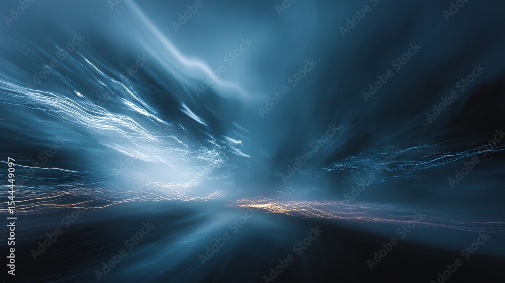 Poster abstract vision of flowing light in deep indigo tones with motion blur creating dynamic energy.