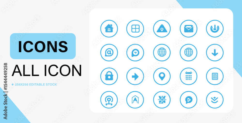 Poster collection of blue vector icons for user interface design on white background