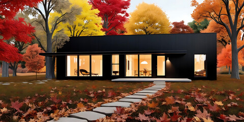 Contemporary Home with Large Windows and Stone Path

