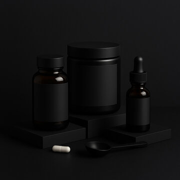 A product trio featuring a capsule bottle, powder jar, and dropper bottle with blank matte black labels, arranged on black blocks with soft directional light. Clean, clinical, and visually striking.