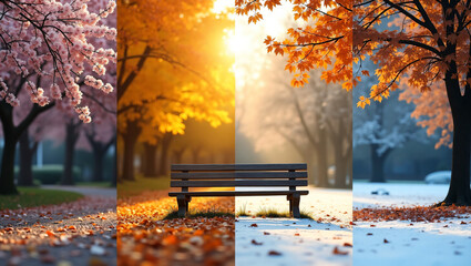 Wooden Bench Across Four Seasons – Life Cycle and Time Passage Concept