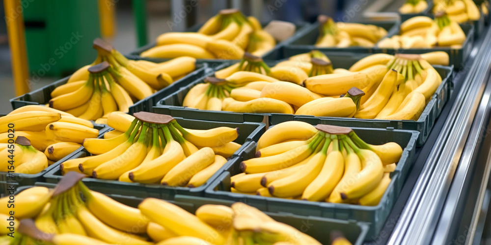 Poster fresh bananas displayed in green baskets ready for sale generative ai
