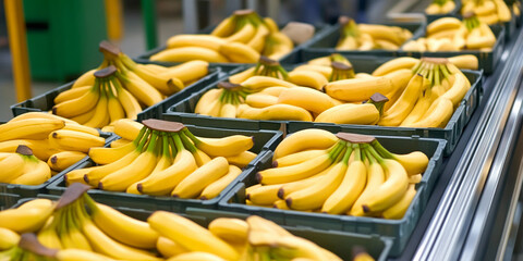 Fresh bananas displayed in green baskets ready for sale Generative AI