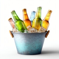 Assorted Colorful Beer Bottles Chilled in Rustic Metal Ice Bucket Perfect for Summer Parties and Refreshing Drinks