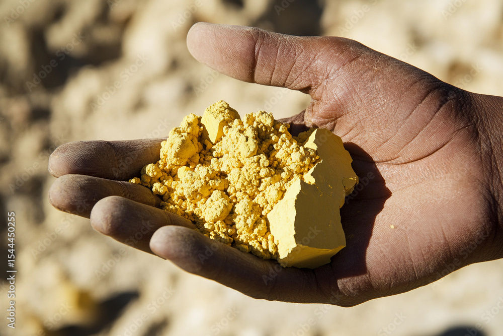 Poster hand holding uranium ore in natural setting under sunlight generative ai