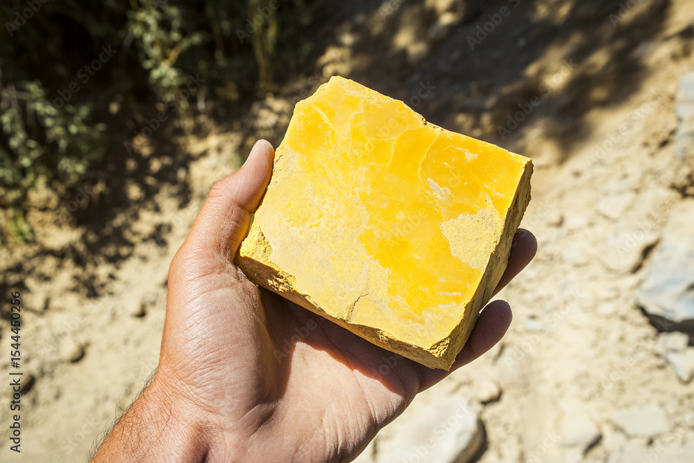 Poster hand holding a piece of uranium mineral in natural setting generative ai