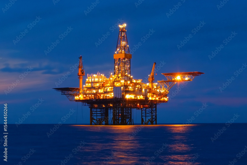 Poster illuminated offshore oil rig at dusk in the ocean generative ai