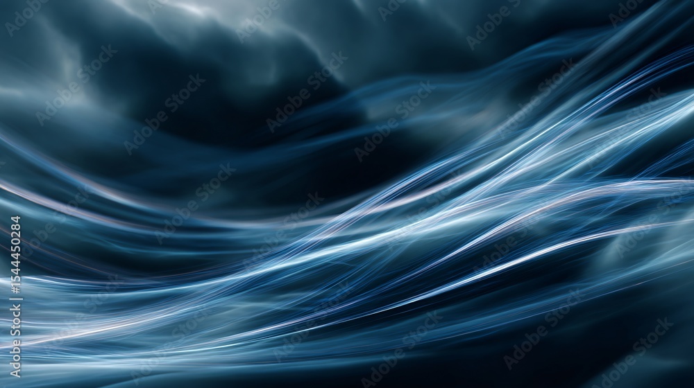 Poster a dynamic display of ethereal light trails gracefully intertwining in a serene, dark blue color