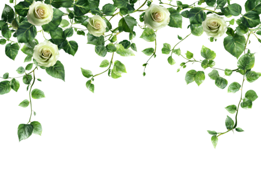  Green roses and ivy border, isolated on a white background, in a minimalist style, PNG format.