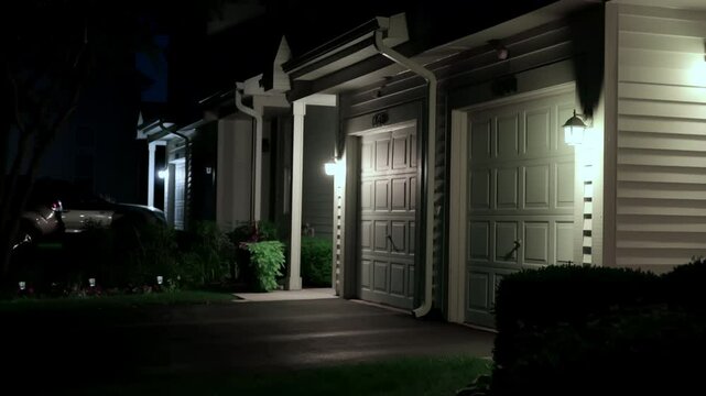 View of the garage doors of the townhouse. Close up shot of the outside of the building