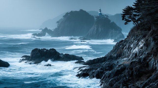 Stormy sea waves crash against rocky coastline lighthouse viewpoint