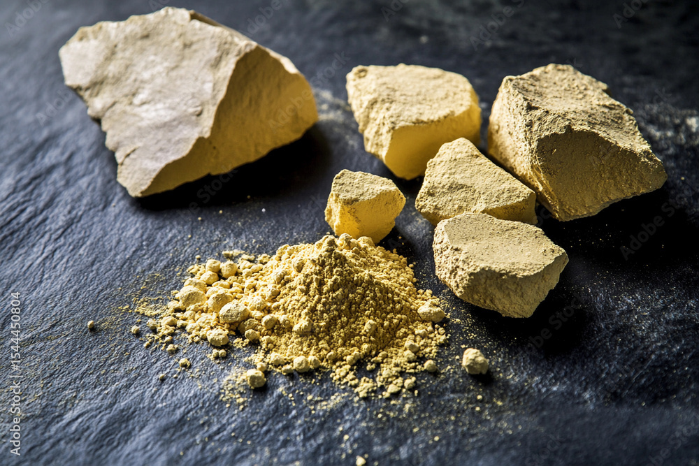 Poster high-quality uranium yellowcake exposed on dark surface generative ai