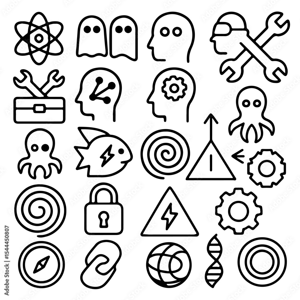 Poster collection of various simple line icons related to science, technology and innovation. the icons dep
