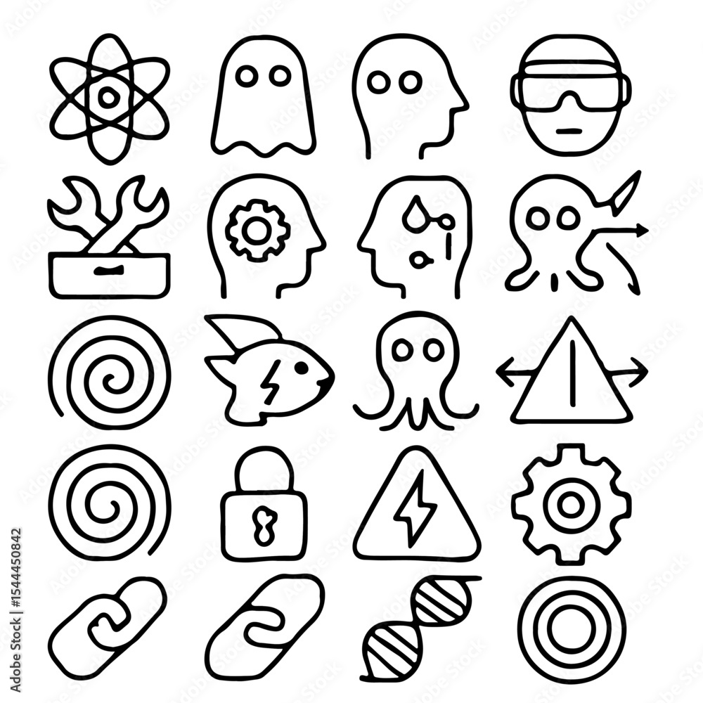 Poster a collection of various icons representing diverse concepts and themes, rendered in a simple, clean 