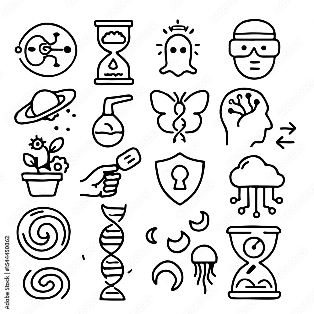 Poster collection of science-themed icons in outline form. featuring various scientific symbols and element