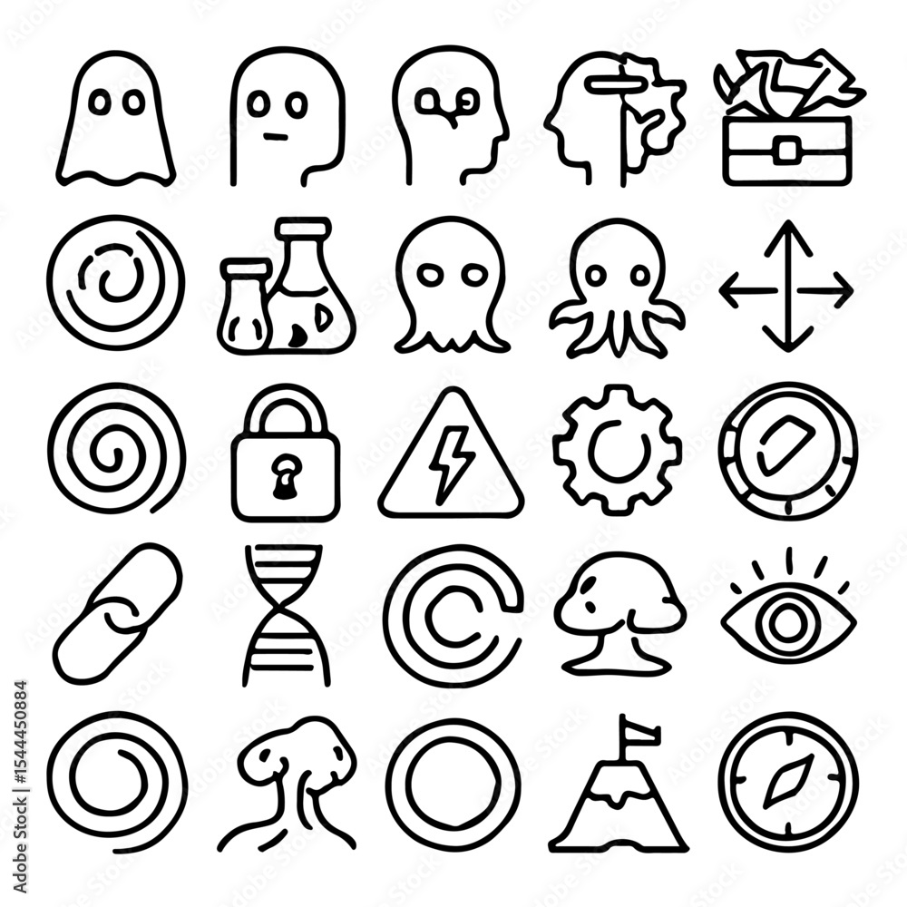 Poster a set of line art icons of various shapes and symbols, each with a unique meaning, designed for a wi