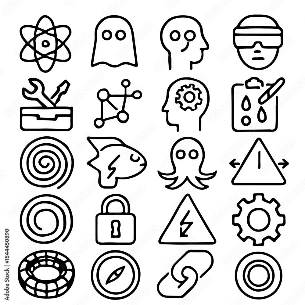 Poster a collection of diverse line-art icons representing various concepts