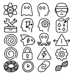 Set of simple flat design icons, including atom, ghost, wrench, lock, chain, and other