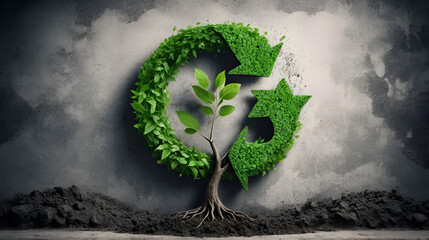 Concept of developing circular economy and green friendly technology, tree with green leaves in arrow infinity recycling symbol and mud, on dark dirty concrete wall background of desperate overdevelop