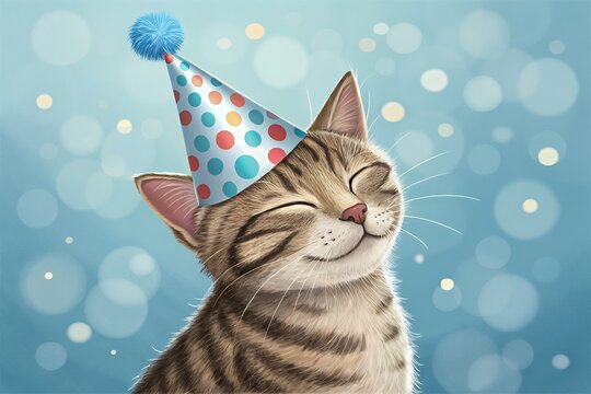 Happy birthday kitten wearing a party hat