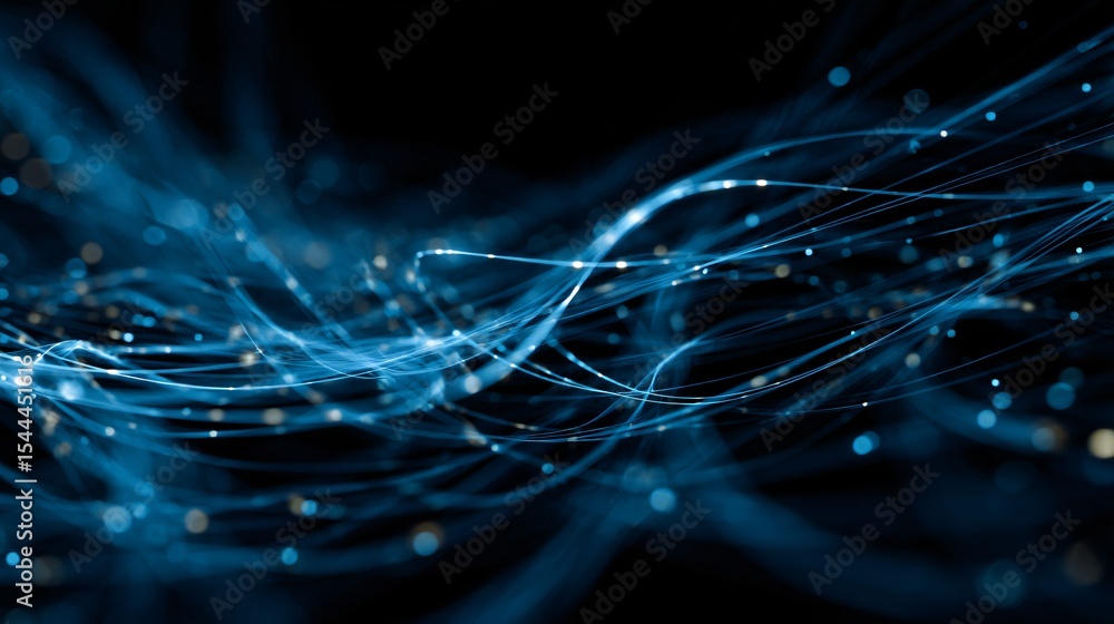 Poster dynamic abstract composition of blurred and overlapping blue light trails suggests velocity.