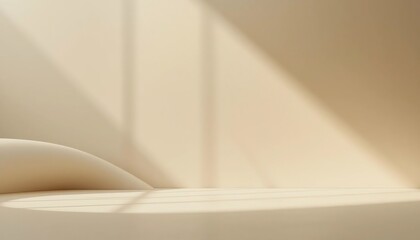 Beige background with curved shape and sunlight shadows, minimalist studio backdrop