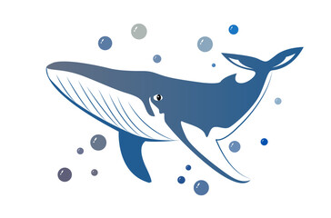 Beautiful cartoon blue whale with water bubbles isolated on white background - vector illustration 