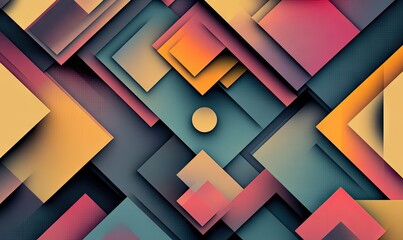 Abstract geometric pattern with overlapping squares and triangles in warm and cool colors