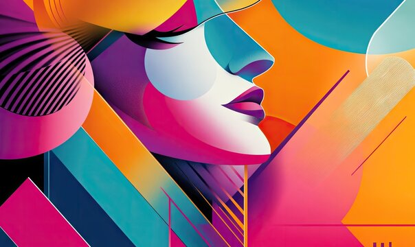 Abstract female portrait, vibrant colors, geometric shapes - Powered by Adobe