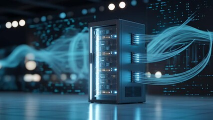 Modern server rack in futuristic data center with glowing blue light trails - Powered by Adobe