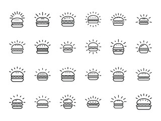 Hand-Drawn Glowing Burger Icon Collection – Minimalist Fast Food Hamburger Outline Vector Set for Restaurant, Café, Menu Design, and Food-Themed Graphic Projects