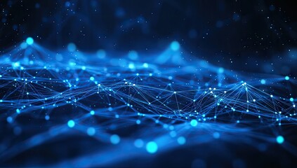 Abstract digital network, blue light trails, interconnected points and lines on a dark background