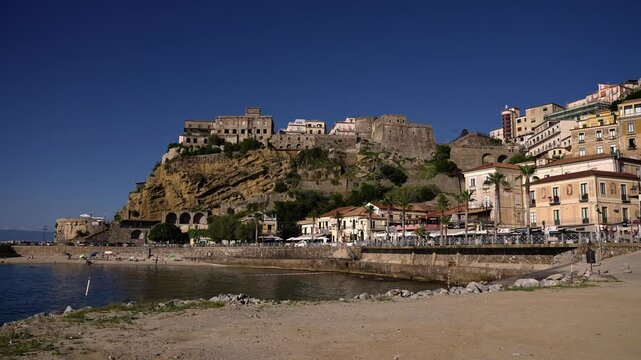 Pizzo Calabro, picturesque village rising on a steep cliff overlooking the Tyrrhenian Sea, houses and Murat Castle on top, Calabria, Southern Italy