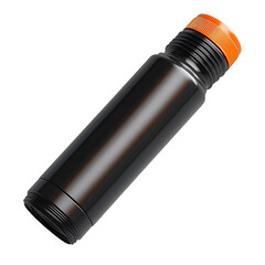 Black metal water bottle with orange cap for sports and outdoor activities product photography isolated object on transparent background
