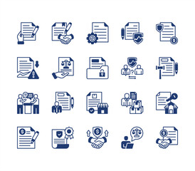 Business contract icon set, with contract, agreement, legal document, termination, breach, indemnity.