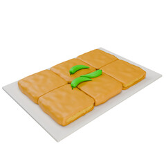 A 3D illustration of Martabak, a popular Indonesian savory snack, with a crispy fried dough filled with egg, served with green chili.
