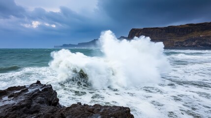 Fototapeta premium Powerful ocean waves crashing against dark rocks