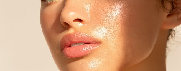 personalized lip care intelligence Close-up of a woman's radiant skin, showcasing natural beauty and healthy glow under soft lighting.