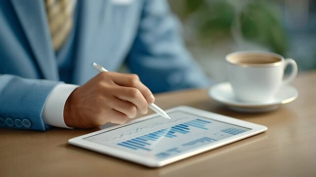 Professional reviewing graphs and charts on a tablet