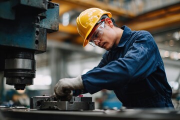 Focused industrial engineer wearing protective helmet and safety glasses works diligently on machine in factory setting, showcasing precision and attention to detail