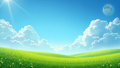 A picturesque, digitally enhanced image of a rolling meadow filled with vibrant green grass and scattered yellow wildflowers.