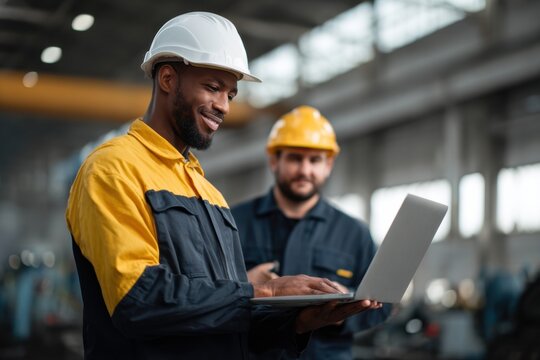 Black man wearing yellow safety jacket and white hard hat is smiling while using laptop industrial setting. Another worker yellow hard hat stands background, creating collaborative atmosphere - Powered by Adobe