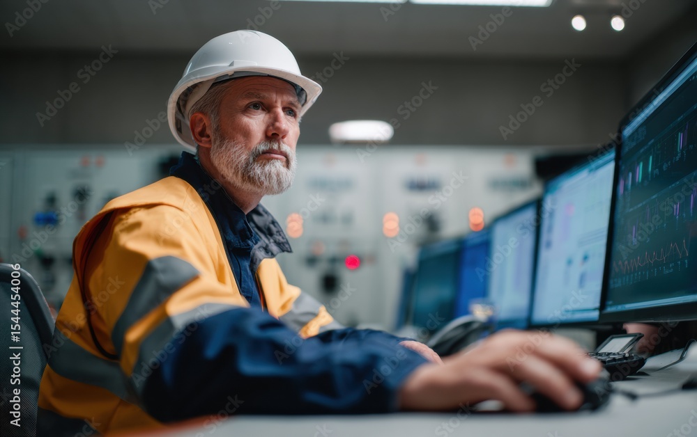 Poster professional in safety gear focused on monitoring data on multiple screens in control room, showcasi
