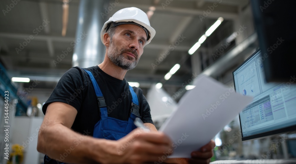 Poster focused engineer is taking notes while working on computer in industrial setting, wearing hard hat a