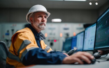 Professional in safety gear focused on monitoring data on multiple screens in control room, showcasing dedication and expertise in technical environment