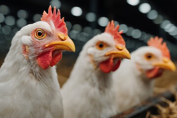 Fototapeta premium Close-up view of chickens in a poultry farm showcasing their features and lively expressions during feeding time